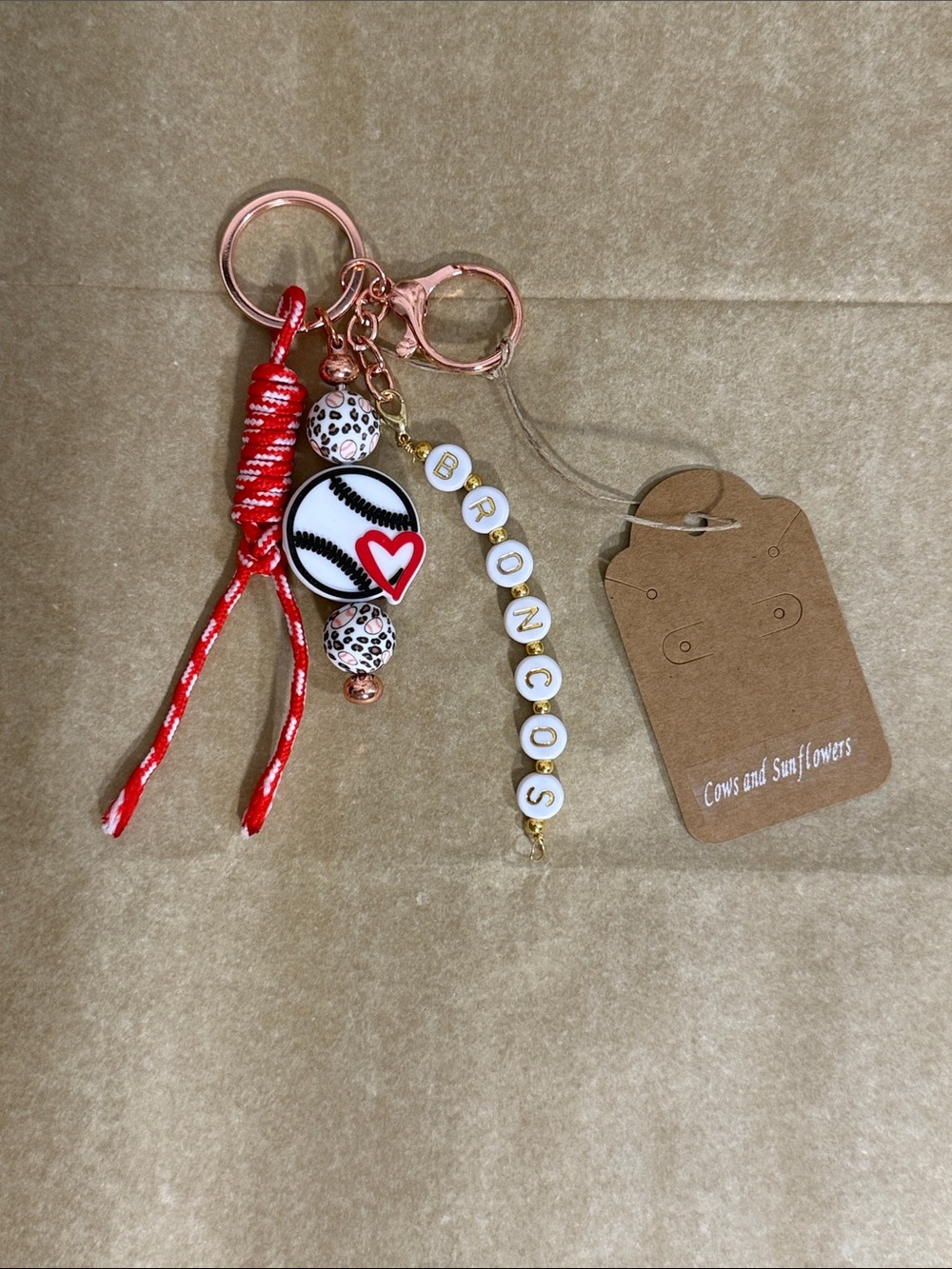 Red Baseball Heart Keychain with 'BRONCOS' Beads